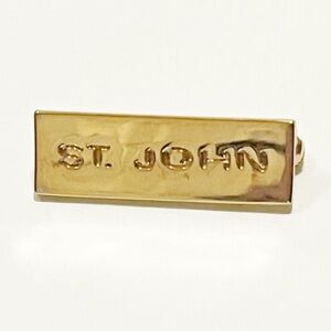 St. John Authentic Gold Tone Logo Bar Brooch Pin. Excellent condition